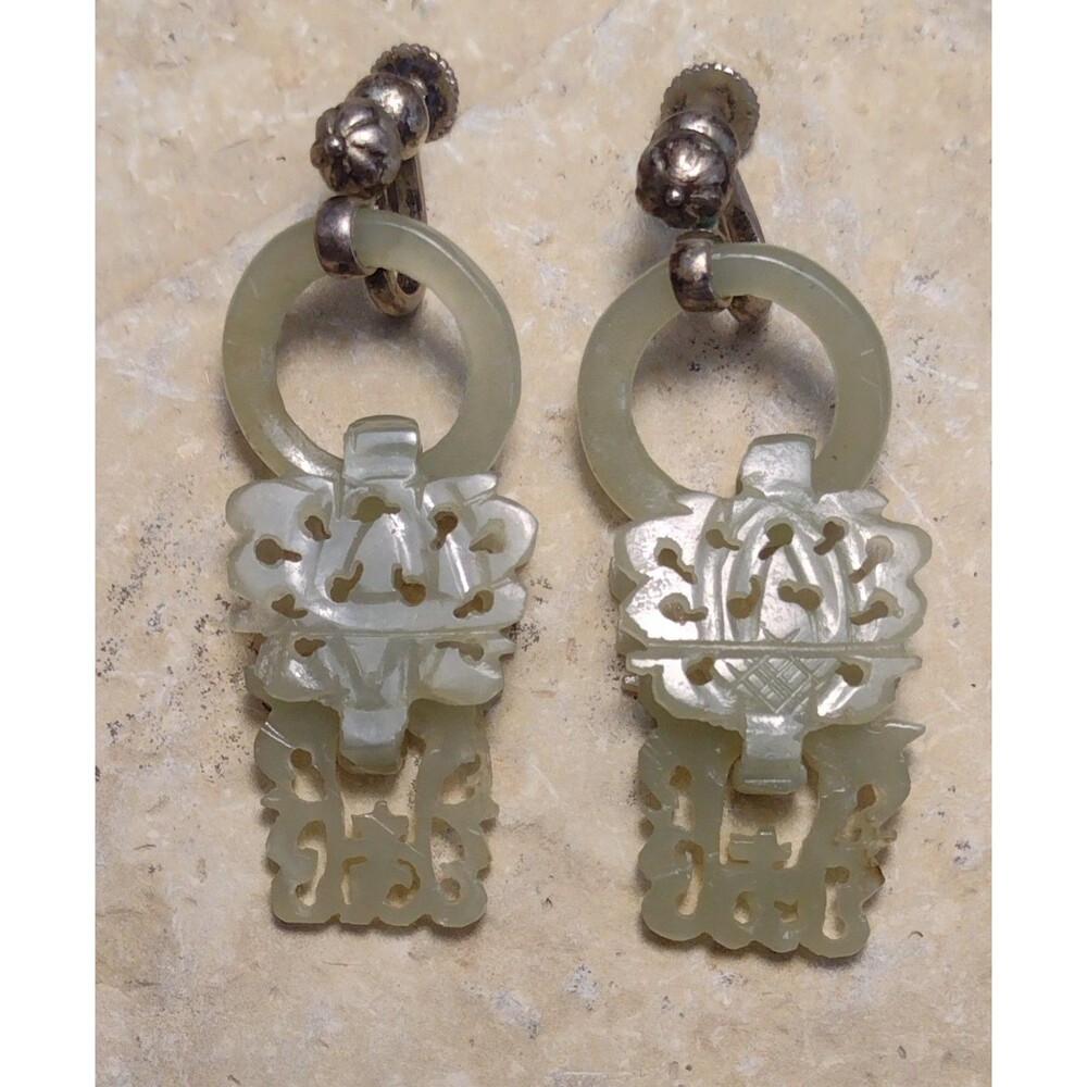 Antique Devil's Work Earrings Hand Carved Nephrite Jade RARE